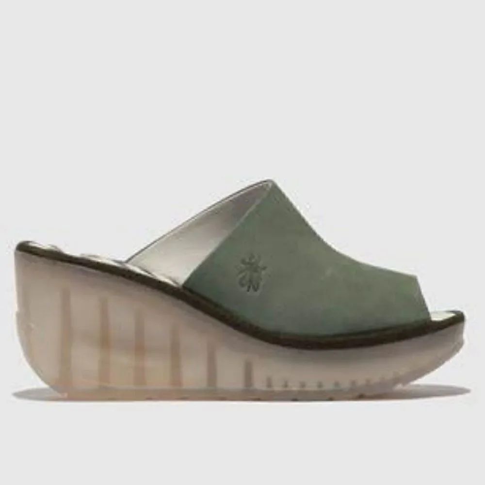 NWT Fly London Jade Green Wedge Slides